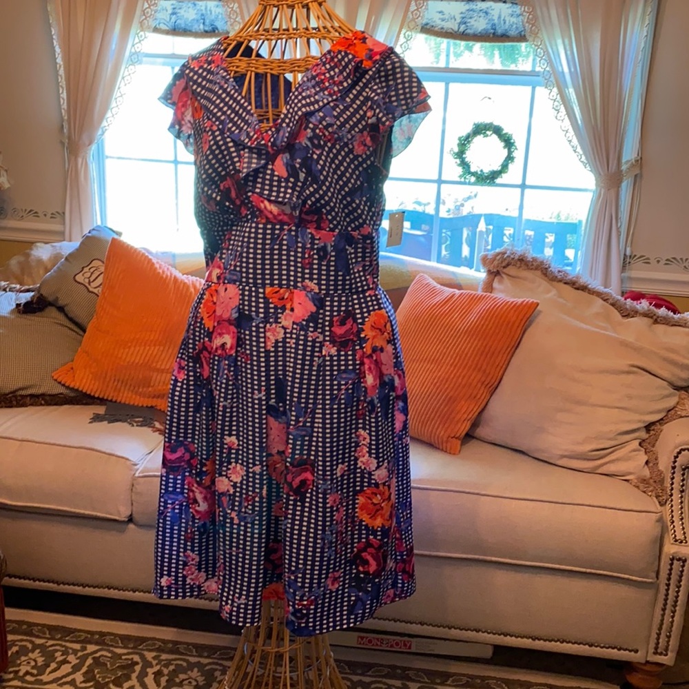 Blue check and floral midi dress